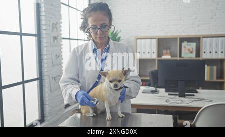 Une vétérinaire d'âge moyen examine un chihuahua dans une salle lumineuse de clinique vétérinaire. Banque D'Images