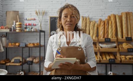 Femme hispanique d'âge moyen prenant des notes dans une boulangerie avec du pain et des pâtisseries en arrière-plan Banque D'Images