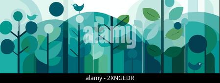Affiche plate abstraite avec arbres oiseaux et fleurs. Bannière éco forêt icône simple minimaliste. De larges formes simples laisse le vecteur de voyage extérieur de la nature Illustration de Vecteur
