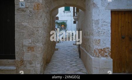 Une rue étroite vide dans la vieille ville de polignano a mare, en italie, avec des murs de pierre menant à une cour pittoresque avec des plantes vertes et une lueur chaleureuse Banque D'Images