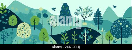 Affiche plate abstraite avec arbres oiseaux et fleurs. Bannière éco forêt icône simple minimaliste. De larges formes simples laisse le vecteur de voyage extérieur de la nature Illustration de Vecteur