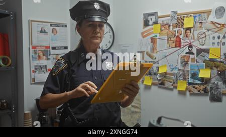 Un policier d'âge moyen examine les preuves dans une salle d'enquête avec un tableau d'affichage Banque D'Images