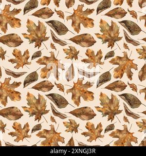 Différents types de feuilles sèches d'automne. Motif sans couture botanique aquarelle dans le style d'automne sur un fond beige. Pour le design saisonnier, Halloween, Merci Banque D'Images