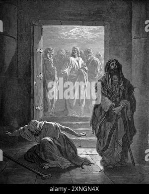 Gravure sur bois du Pharisien et du Publicain - le Pharisien a prié combien il était bon, mais le Publicain a prié Dieu pour la miséricorde (Luke18:11-13) par Gust Banque D'Images