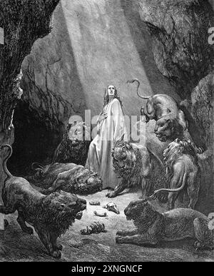 Gravure sur bois de Daniel dans le Den des Lions par Gustave Dore - mon Dieu a envoyé son Ange, et a fermé les bouches des Lions (Livre de Daniel) d'Antiq Banque D'Images