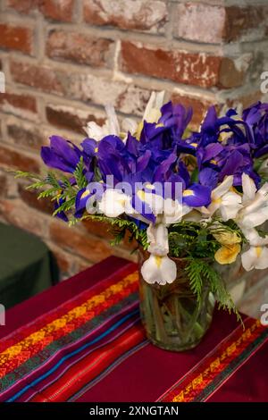 Issaquah, Washington, États-Unis. Bouquet de fleurs d'iris assis sur une table contre un mur de briques rouges. Banque D'Images