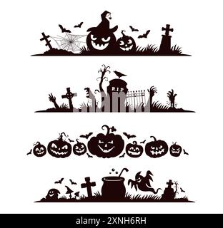Séparateurs et bordures d'Halloween, silhouettes effrayantes. Cadres vectoriels avec citrouilles souriantes noires, pierres tombales, croix tombales et chauves-souris, toiles d'araignée, pot, fantôme Illustration de Vecteur