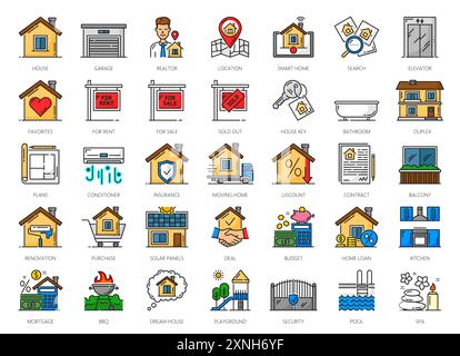 Icônes de l'immobilier. Prêt hypothécaire et location d'appartement de maison, assurance et symboles de ligne de couleur de design d'intérieur. Maison vectorielle bâtiments maison intelligente et clé, rea Illustration de Vecteur