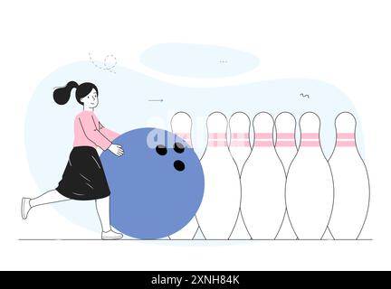 Femme avec bowling. La jeune fille avec une énorme balle abat les épingles. Mode de vie actif et sport. Bowler lors d'une compétition ou d'un tournoi. Vecteur linéaire Illustration de Vecteur