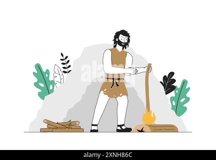 Homme des cavernes avec le feu. Neanderthal fait du feu de joie dans la grotte. Histoire des peuples tribaux et scène ancienne. Personne primitive avec des bûches en bois. Vecteur linéaire Illustration de Vecteur