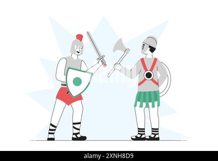 Gladiateurs combat concept. Hommes en armure avec épée et hache combat. Bataille médiévale. Chevaliers spartiates sur le champ de bataille. Soldats grecs et romains. Linéaire Illustration de Vecteur