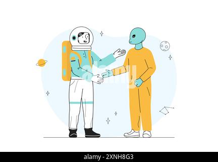 Rencontre avec Alien. Homme en costume spatial serrer la main avec extraterrestre. Exploration spatiale et aventure. Astronomie et astrologie. Fantaisie et imagination. Linéaire Illustration de Vecteur