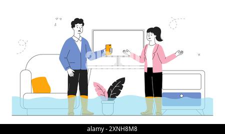 Des gens dans une maison inondée. Homme et femme debout dans un appartement avec de l'eau. Éclatement de tuyau d'égout, problèmes dans la salle de bain. Accident et désastre à domicile. Linéaire Illustration de Vecteur