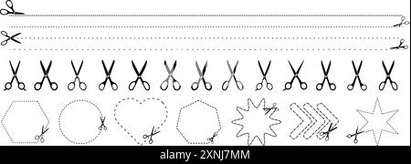 Ciseaux avec lignes de coupe et formes géométriques. Eléments de conception vectorielle. Illustration de Vecteur