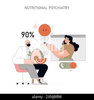 Concept de nutrition et de santé mentale. Représentation d'un psychiatre évaluant l'impact de l'alimentation sur le bien-être émotionnel. Illustration vectorielle. Illustration de Vecteur