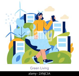 Concept de vie verte. Femme utilisant un smartphone dans une ville durable avec des éoliennes et de la verdure. Mode de vie urbain respectueux de l'environnement. Illustration vectorielle. Illustration de Vecteur
