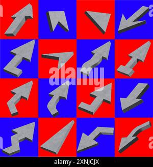 Autocollant brutaliste avec des flèches grises sur un fond rouge et bleu vif. Dessins géométriques uniques, art moderne abstrait Illustration de Vecteur