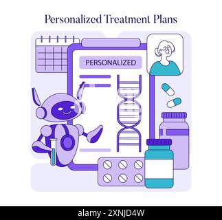 IA dans le concept de médecine. Un robot crée des plans de traitement personnalisés, intégrant des informations génétiques aux profils individuels des patients. Illustration vectorielle. Illustration de Vecteur