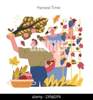 Concept d'automne bienvenue. Les gens qui se livrent à la récolte d'automne avec une variété de fruits et légumes. Célébrer la saison de l'abondance au milieu des feuilles qui tombent. Illustration vectorielle. Illustration de Vecteur