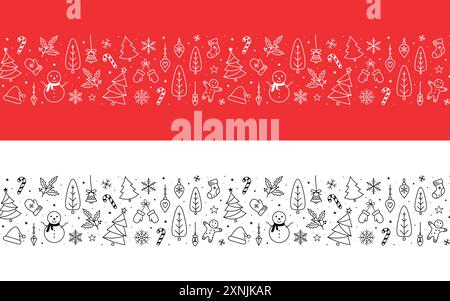 Motif sans couture horizontal de Noël, dessiné à la main, élégant et détaillé, idéal pour les textiles de noël. Motif festif pour cartes de voeux Illustration de Vecteur
