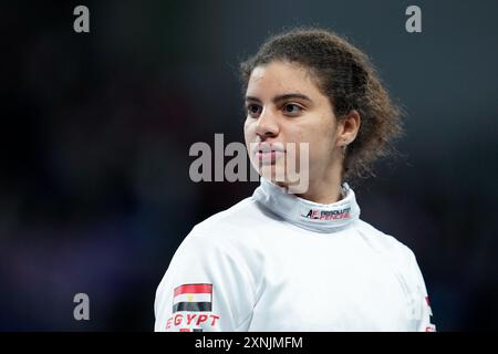 Paris, France. 26 juillet 2024. PARIS, FRANCE - JUILLET 27 : portrait en plan de tête/gros plan) d'Aya Hussein d'Egypte lors de l'Epéé individuel féminin lors de l'escrime - Jeux Olympiques Paris 2024 le jour 1 au Grand Palais le 27 juillet 2024 à Paris, France. (Daniela Porcelli/SPP) crédit : SPP Sport Press photo. /Alamy Live News Banque D'Images