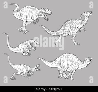 Chasse aux dinosaures. Velociraptor et Giganotosaurus attaquant Parasaurolophus et Edmontosaurus. Illustration de dinosaure. Banque D'Images