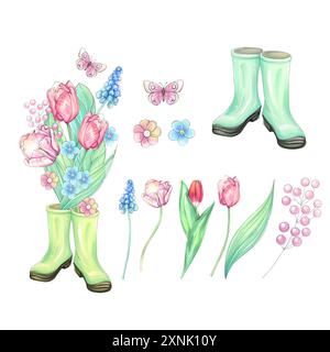 Ensemble aquarelle d'illustration romantique avec des bottes de jardin et des fleurs. De belles tulipes. Clipart printanier. Belle œuvre d'art pour la fête des mères. Pour Banque D'Images