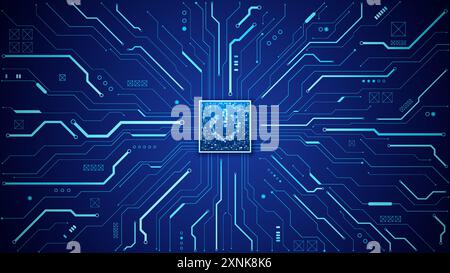 Puce avec icône d'alimentation avec pixels brillants sur la carte de circuit imprimé de technologie Illustration de Vecteur
