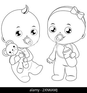 Bébés mignons. Bébé fille et bébé garçon avec bouteille de lait et jouet ours en peluche. Heureux petits tout-petits. Coloriage noir et blanc Banque D'Images