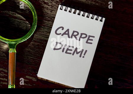 Carpe Diem phrase il signifie saisir l'instant dans un cahier blanc sur un fond sombre mystérieux Banque D'Images