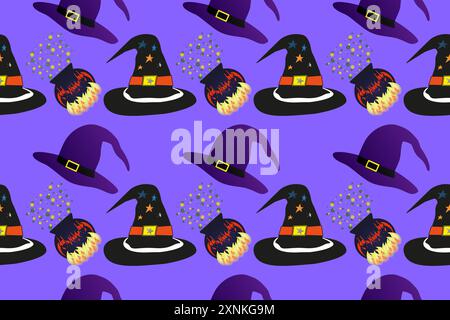 Motif Halloween sans couture avec chapeaux de sorcière et chaudrons bouillonnants. Parfait pour les décorations festives, les projets effrayants et les designs saisonniers. Illustration de Vecteur