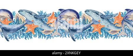 Baleines à bosse, dauphins, algues avec étoiles de mer et coquillages. Illustration aquarelle, dessinée à la main dans les couleurs bleu et bleu clair. Bordure sans couture, patte Banque D'Images