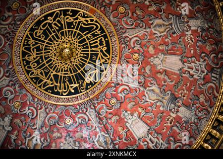 ISTANBUL, Turquie / Türkiye — le plafond en forme de dôme dans l'opulente salle du trône impérial dans le harem du palais de Topkapi, Istanbul. Cette chambre richement décorée, ornée de carreaux Iznik complexes, d'ornements dorés et de riches meubles, servait de salle d'audience privée pour le sultan ottoman dans les limites isolées du harem impérial. La salle reflète la maîtrise artistique et le luxe de l'architecture impériale ottomane, offrant un aperçu du monde de la cour ottomane. Banque D'Images