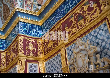 ISTANBUL, Turquie / Türkiye — L'opulente salle du trône impérial dans le harem du palais de Topkapi, Istanbul. Cette chambre richement décorée, ornée de carreaux Iznik complexes, d'ornements dorés et de riches meubles, servait de salle d'audience privée pour le sultan ottoman dans les limites isolées du harem impérial. La salle reflète la maîtrise artistique et le luxe de l'architecture impériale ottomane, offrant un aperçu du monde de la cour ottomane. Banque D'Images