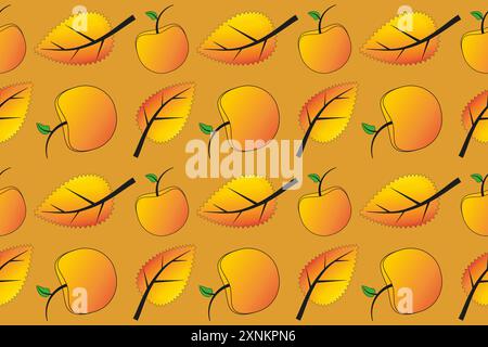 Modèle sans couture avec des pommes brillantes et des feuilles d'automne sur un fond orange. Parfait pour les créations saisonnières, l'artisanat et les décorations. Illustration de Vecteur