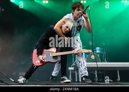 Fredrikstad, Norvège. 26 juillet 2024. Le groupe norvégien de metalcore Storm donne un concert live lors du festival norvégien Maanefestivalen 2024 à Fredrikstad. Banque D'Images