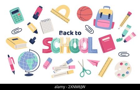 Enfants éléments scolaires avec lettrage. Ensemble de fournitures scolaires et texte dessiné à la main. Illustration vectorielle dans un style plat Illustration de Vecteur