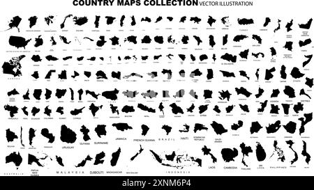 Carte complète des pays du monde icônes parfaites . Chaque carte de pays est répertoriée et isolée avec des noms. Illustration de Vecteur