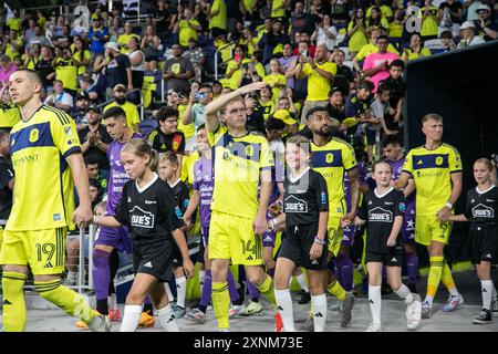 Nashville, États-Unis. 31 juillet 2024. L'attaquant Jacob Shaffelburg (14) de Nashville SC. Mazatlán le FC bat Nashville SC 2-0 dans un match de la Coupe des ligues au Geodis Park à Nashville, Tennessee, le 31 juillet 2024. (Photo de Kindell Buchanan/Sipa USA) crédit : Sipa USA/Alamy Live News Banque D'Images