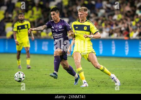 Nashville, États-Unis. 31 juillet 2024. L'attaquant Sam Surridge de Nashville SC (9). Mazatlán le FC bat Nashville SC 2-0 dans un match de la Coupe des ligues au Geodis Park à Nashville, Tennessee, le 31 juillet 2024. (Photo de Kindell Buchanan/Sipa USA) crédit : Sipa USA/Alamy Live News Banque D'Images