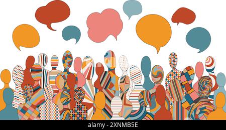 Communication à travers diverses cultures - dialogue multiculturel représenté par la silhouette géométrique abstraite et les bulles de parole des individus. Illustration de Vecteur