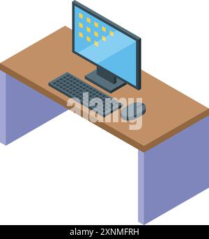 Illustration présentant une configuration d'ordinateur de bureau, avec un moniteur, un clavier et une souris, disposés soigneusement sur une table en bois dans une perspective isométrique Illustration de Vecteur