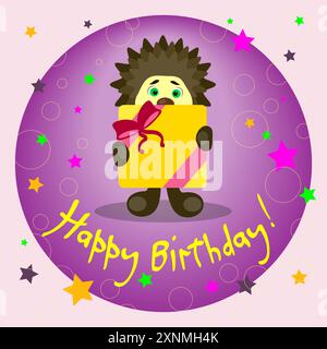 Carte d'anniversaire joyeux lumineux dans le style de bande dessinée, hérisson donnant un grand cadeau Illustration de Vecteur