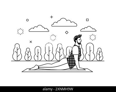 Homme barbu faisant du yoga sur City Park dans Line Art Illustration de Vecteur