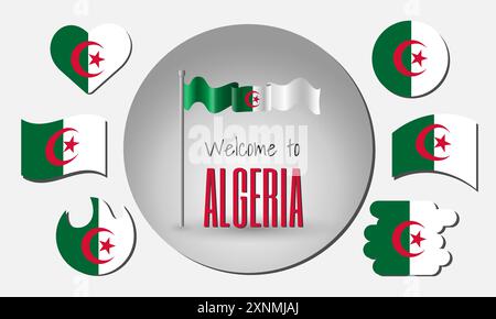 Agitant le drapeau de l'Algérie en vecteur avec l'inscription Bienvenue en Algérie! Différentes versions du drapeau en forme de coeur, cercle, arc, etc Illustration de Vecteur