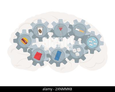 Cerveau et roues dentées avec différentes addictions Illustration de Vecteur