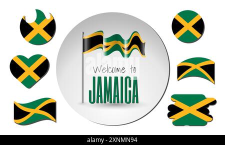 Agitant le drapeau de la Jamaïque en vecteur avec l'inscription Bienvenue en Jamaïque! Différentes versions du drapeau en forme de coeur, cercle, arc, etc Illustration de Vecteur