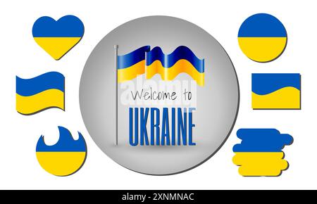 Agitant le drapeau de l'Ukraine en vecteur avec l'inscription Bienvenue en Ukraine! Différentes versions du drapeau en forme de coeur, cercle, arc, etc Illustration de Vecteur