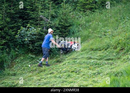 Gimmelwald, Suisse - 23 juillet 2024 : MAN utilise une tondeuse à gazon comme tracteur à conducteur à essieu simple. Il est équipé de pneus spéciaux pour tondre des pentes raides dans le Banque D'Images