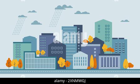 Paysage de ville d'automne avec des bâtiments et des arbres - bannière horizontale abstraite et fond Illustration de Vecteur